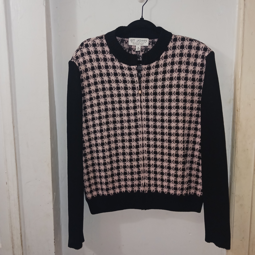 St. John Black and Pink Houndstooth Cardigan